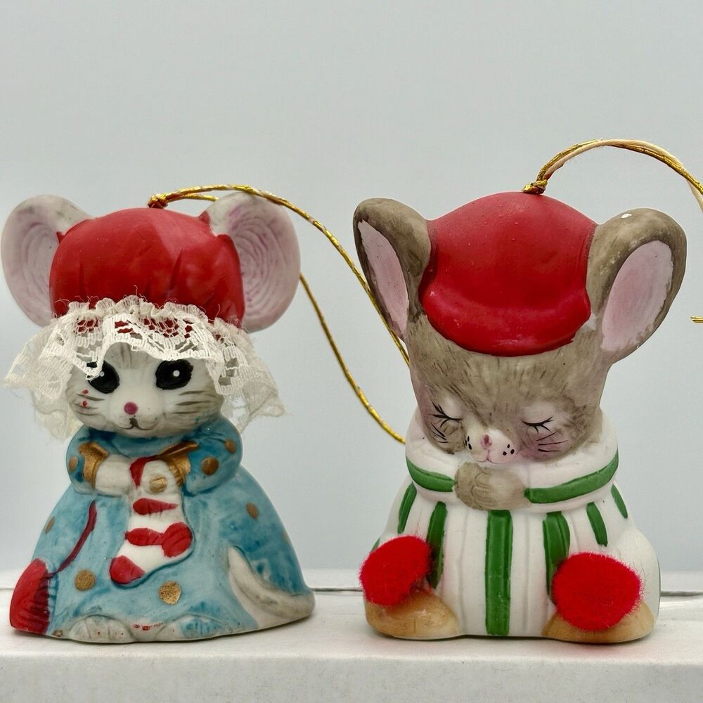Jasco Lil Chimer Ornament Mouse Pair Bisque Porcelain Bell Vintage Christmas